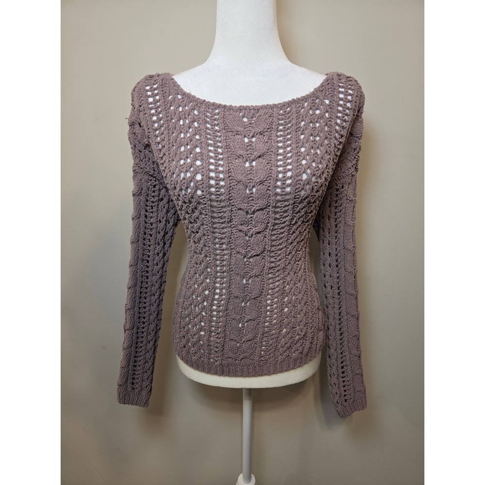Moon & Madison Chenille Sweater Mauve Purple Crochet Open Knit Cable Pullover M